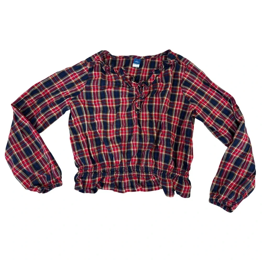 Old Navy Girls Red Navy Plaid Smocked Hem Long Sleeve Blouse Top L 10-12
